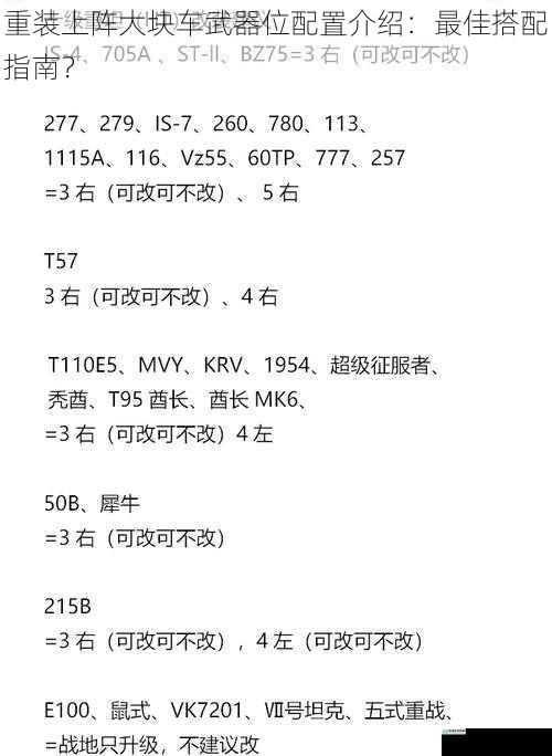 重装上阵大块车武器位配置介绍:最佳搭配指南?