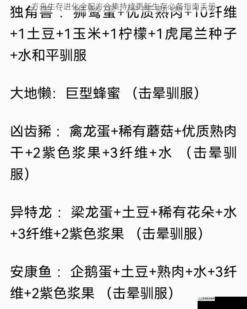 方舟生存进化全配方合集持续更新生存必备指南手册